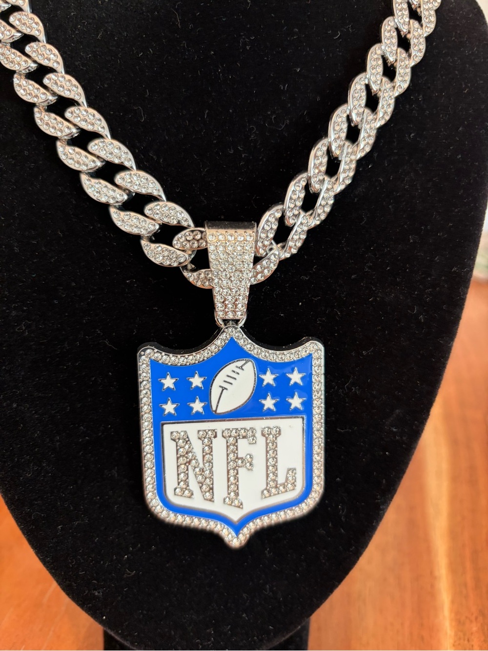 NFL Silver and Blue Shield Pendant Cuban Chain Necklace